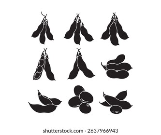 Silhouettes of soybeans. A collection of vector illustrations on a white backdrop.