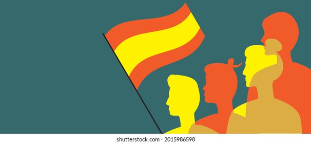 Silhouettes of the Spaniards, copy space template. Color vector stock illustration. People with the flag of Spain. Patriots of the country. Overlay template. Illustration with place for text