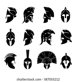Silhouettes spartan helmet isolated from the background. Vector set of roman or greek warrior helmet. 