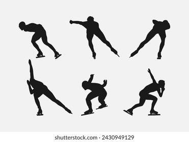 Silhouettes of speed skating. Winter sport, athlete, race, competition concept. Isolated on white background. Vector illustration.