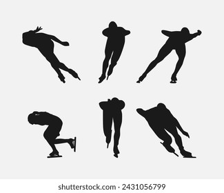 Silhouettes of speed skating. Winter sport, athlete, race, competition concept. Isolated on white background. Vector illustration.