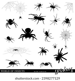 Silhouettes of spiders and spiderweb. Vector illustration.