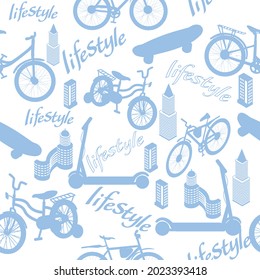 Silhouettes of spirit wheeled vehicles and high-rise buildings   pattern.Bicycles , scooters and skateboards alternate with houses and typography.Vector seamless  fashionable template.