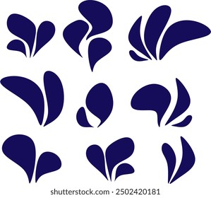 Siluetas de salpicaduras con gotas. Formas de gotas de agua, salpicaduras de líquidos, manchas de tinta con gotas, conjunto de Elementos. Dibujado a mano