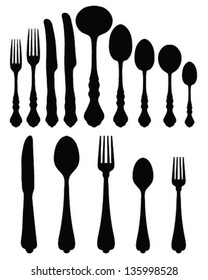 Silhouettes of spoon, fork and knife 3-vector