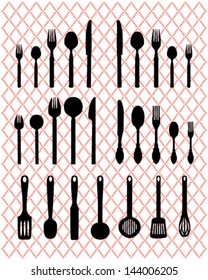 Silhouettes of spoon, fork and knife on pattern background-vector