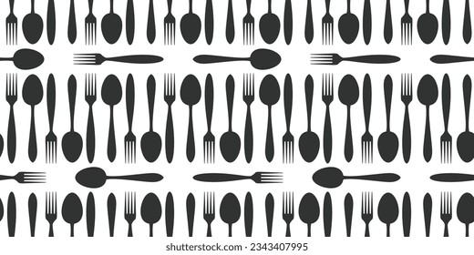 Siluetas de cucharas y tenedores. Patrón de cocina vectorial sin cable. Vector para papel impreso, interior, papel pintado.