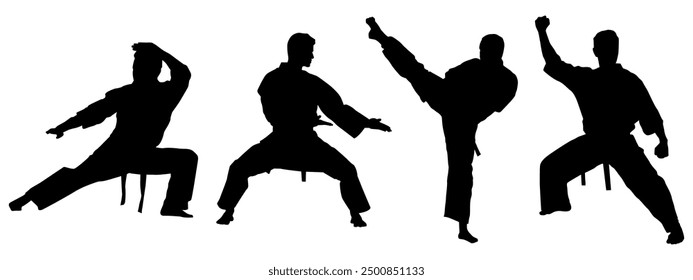 Silhouetten, Sport Herren Silhouetten, Karate, Kampfkunst, Athletik, Sammlung, Silhouette, Kata, Macht, Training, Kampf, Einzeln, Vektorgrafik	