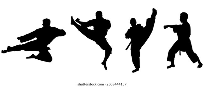 Silhouetten, Sport Herren Silhouetten, Karate, Kampfkunst, Athletik, Sammlung, Silhouette, Kata, Macht, Training, Kampf, Einzeln, Vektorgrafik	