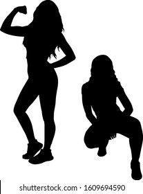 Silhouettes of sports girls. Ladies in good shape. Tightened bodies. 
Young slender females. Be fit.
Vector illustration