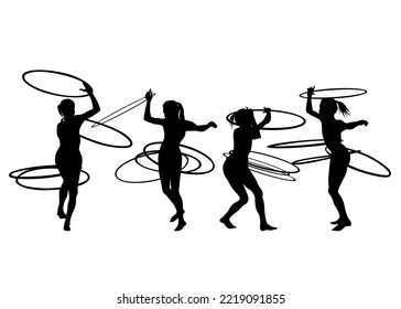 Silhouettes sports girls whit hula hupon a white background