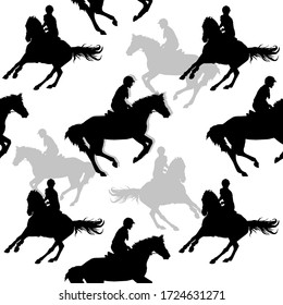 silhouettes of sports horses and riders isolated on a white seamless background, decoration pattern, Equestrian sports, Show jumping