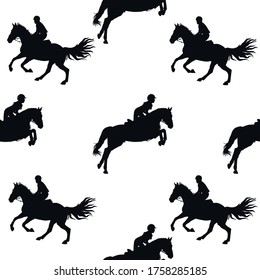 silhouettes of sports horses and riders isolated on a white seamless background