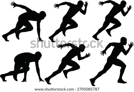Silhouettes of Sprinter Transitioning from Start to Full Stride in Motion Sequence