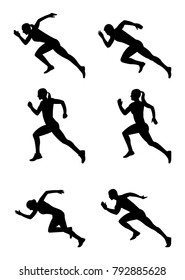 Silhouettes of sprinters set on white background.