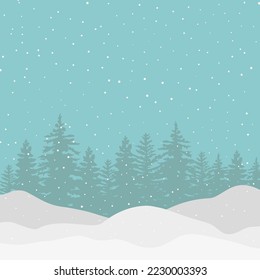 Silhouettes of spruce trees on a snowy blue background.Snowdrifts.Spruce tree forest