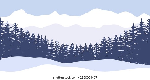 Silhouettes of spruce trees on a snowy blue background.Snowdrifts.Spruce tree forest