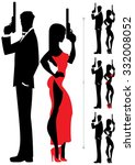 Silhouettes of spy couple over white background. Four versions differing by the outfit of the female.