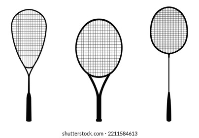 Silhouettes of squash, tennis and badminton rackets. Vector illustration