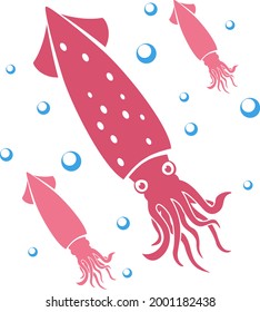 Silhouettes of squid swim in water on a white background