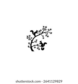 Silhouettes of squirrels on tree branches on white background