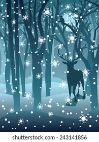 Silhouettes of a stag in the forest at the winter time. 