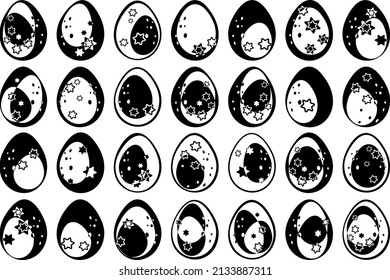 Silhouettes stamps for Easter eggs. Easter eggs. Creating masks and brushes in graphic programs. Isolated silhouette of eggs. Pattern, ornament for a holiday in the church.