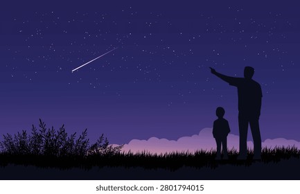 Silhouettes stand beneath a starry night sky. One points toward a shooting star streaking across the heavens. The other looks up, sharing wonder and quiet awe. Distant hills frame the scene with soft