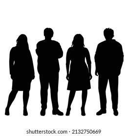 Silhouettes of standing fat men and women, business people, vector illustration, black, isolated on a white background