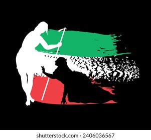 Silhouettes of a standing man and a kneeling woman in the colors of the Italian flag. Illustration of the painting called Noli Me Tangere by Titian.