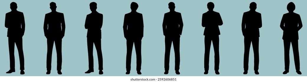 Silhouettes of standing men in suits. Business attire silhouettes. Men in formal wear. Silhouettes of professional men. Business silhouettes on blue background. Business element set.