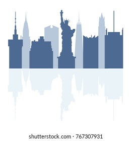 Silhouettes of Statue of Liberty, famous buildings and modern buildings in the USA. Tall buildings and skyscrapers.