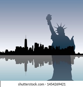 Silhouettes of Statue of Liberty and Manhattah skyline.