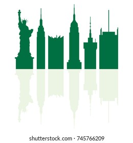 Silhouettes of Statue of Liberty and modern buildings in the USA. Tall buildings, skyscrapers.