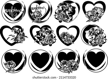 Silhouettes, stencils. Black graphic drawing. Sublimation of hearts and flowers. For Valentine's Day, a wedding. The theme of love. Congratulations template.