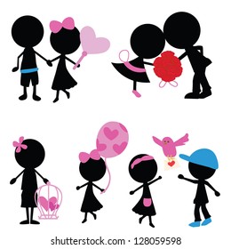silhouettes stick figure couple with love items