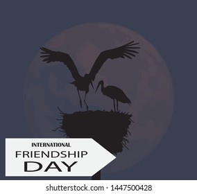 Silhouettes of storks on the background of the moon with the inscription International Friendship Day. Vector illustration