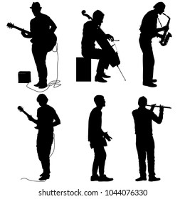 Silhouettes street musicians playing instruments on a white background