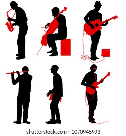 Silhouettes street musicians playing instruments on a white background