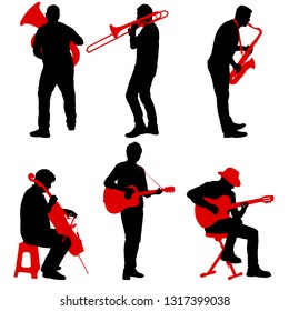 Silhouettes street musicians playing instruments on a white background