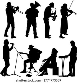 Silhouettes street musicians playing instruments on a white background