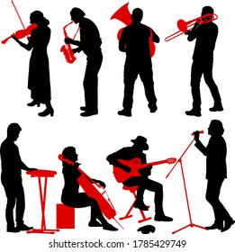 Silhouettes street musicians playing instruments on a white background