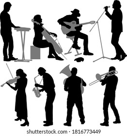 Silhouettes street musicians playing instruments on a white background