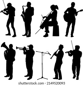 Silhouettes street musicians playing instruments on a white background.