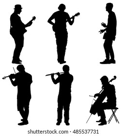 Silhouettes, músicos callejeros tocando instrumentos. Ilustración vectorial.