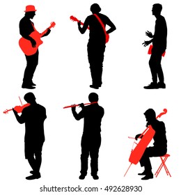 Silhouettes street musicians playing instruments. Vector illustration.