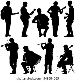 Silhouettes, músicos callejeros tocando instrumentos. Ilustración del vector