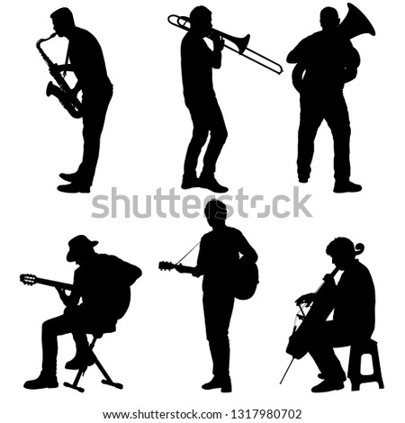 Silhouettes street musicians playing instruments on a white background