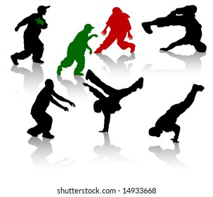 Silhouettes of street-dancers teens. Hiphop and breakdancing.