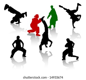 Silhouettes of street-dancers teens. Hiphop and breakdancing.